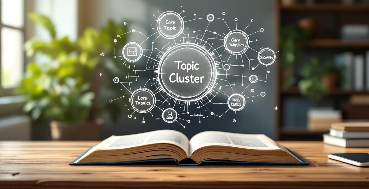 Open book with a flowchart showing a core topic and subtopics, with digital connections overlay in a warm office setting.