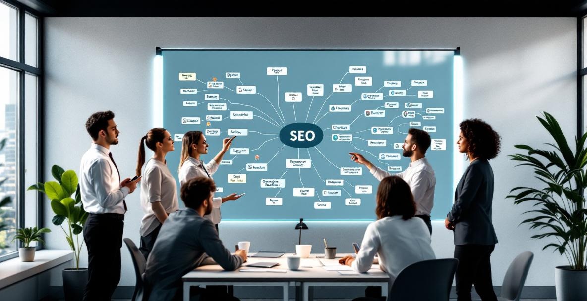 Diverse professionals review a mind map on SEO in a minimalist office.