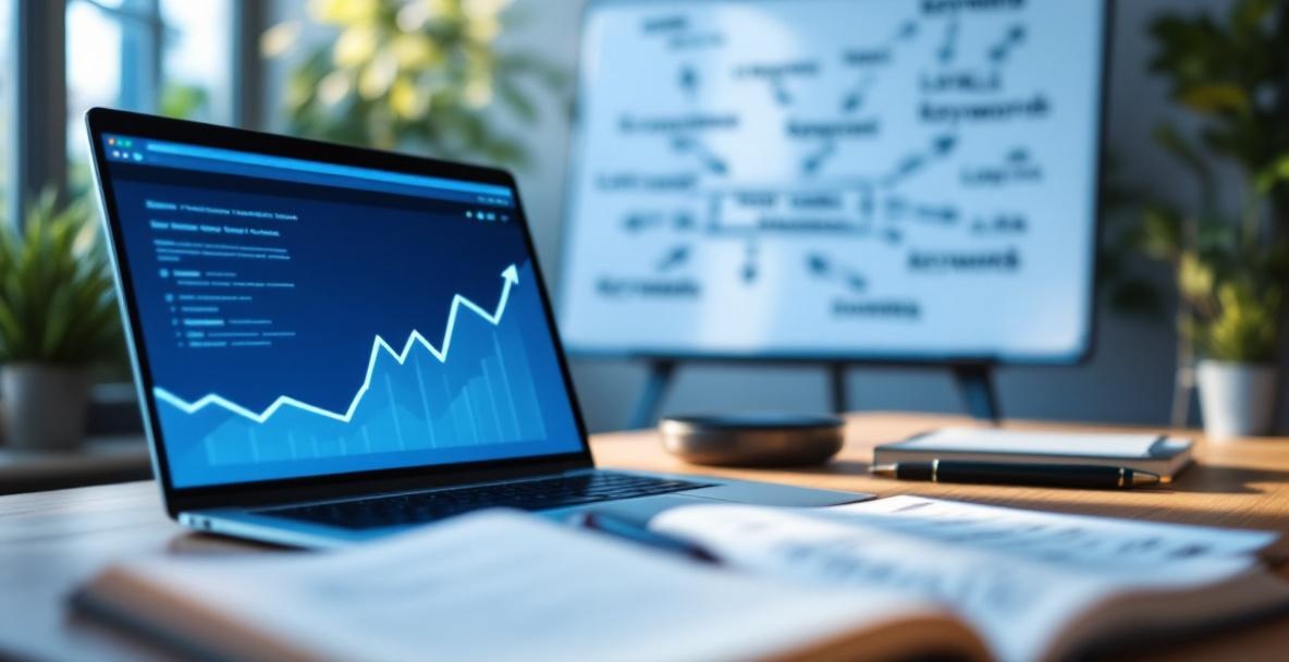 Minimalist desk setup with laptop showing upward graph, notebook with strategies, and whiteboard in the background.