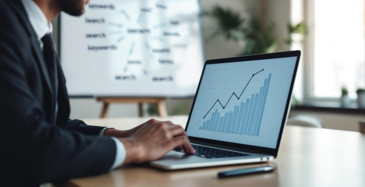 Business professional analyzes data on laptop showing upward trend graph in modern office.