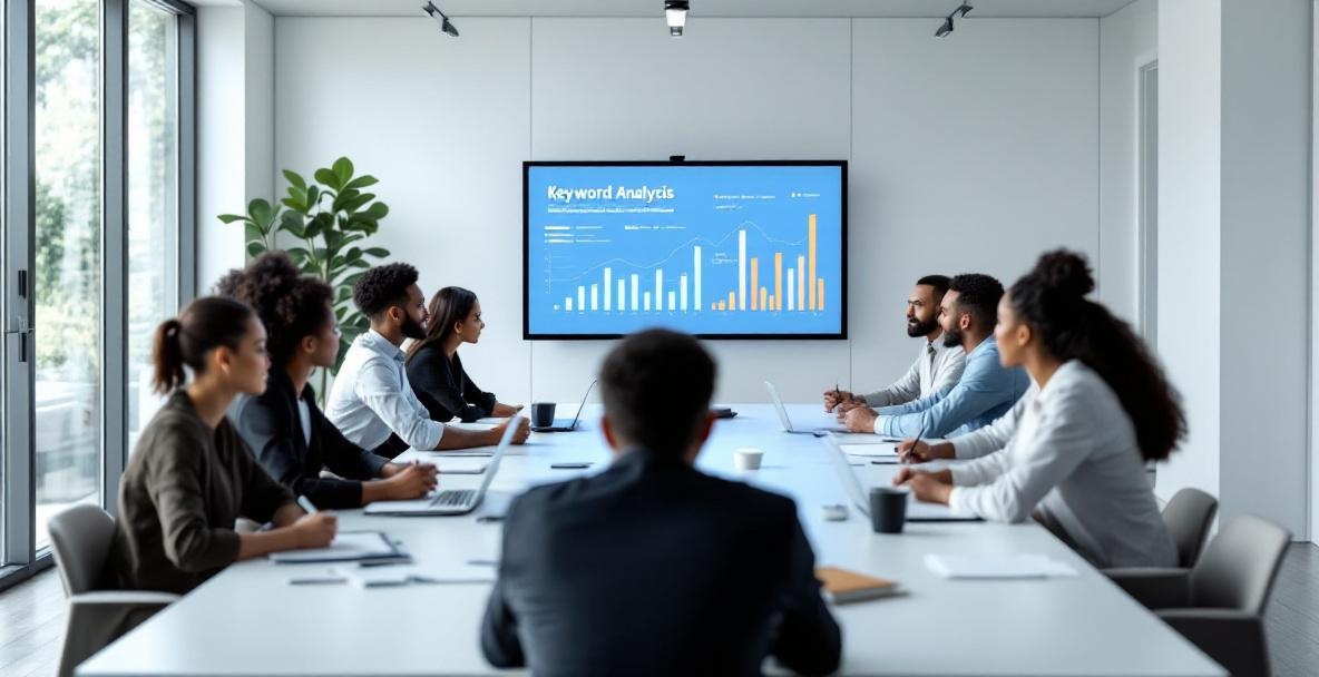Diverse professionals discuss keyword analysis around a table in a modern conference room.