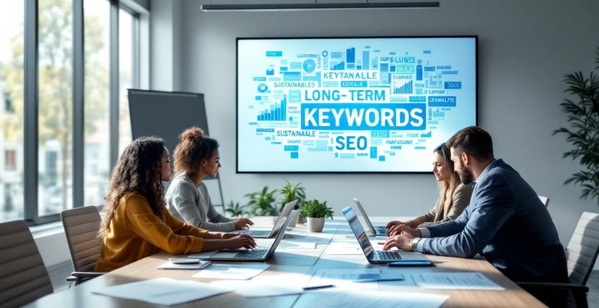 Diverse team collaborates in a modern office on SEO strategy with charts and keyword cloud display.