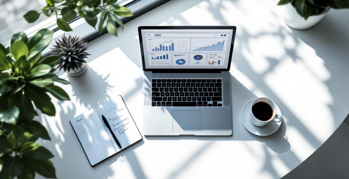 Minimalist office desk with laptop showing SEO graphs, notebook, and coffee.
