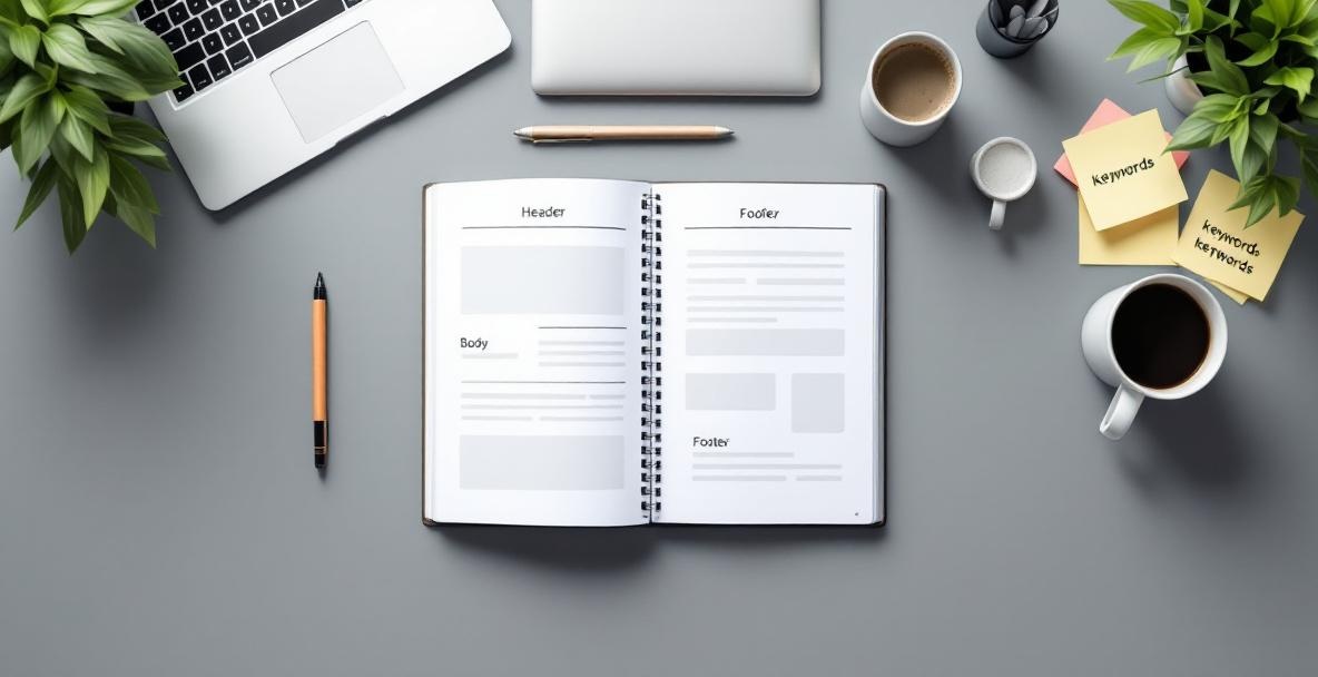 Top-down view of an organized desk with a notebook showing a webpage layout diagram.