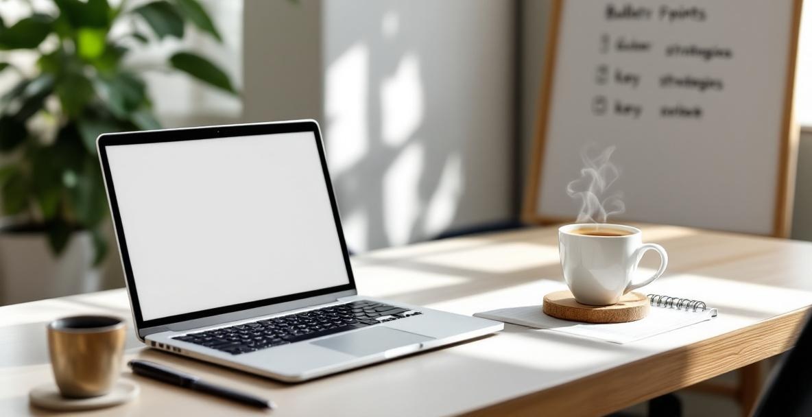 Minimalist desk setup with a laptop, notebook, coffee, and whiteboard highlighting readability techniques.