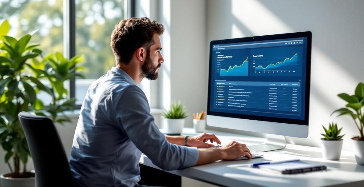 Person analyzing data on a computer with long-tail keywords highlighted in a modern workspace.