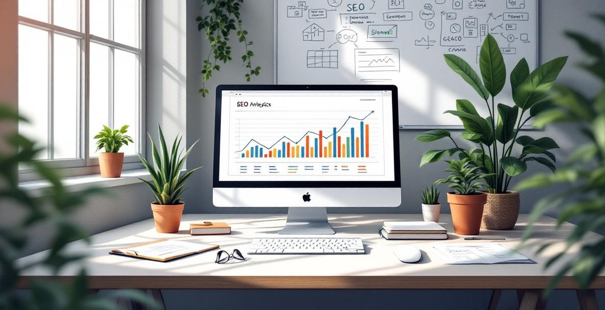 Workspace with a computer showing keyword analytics and SEO strategy notes.