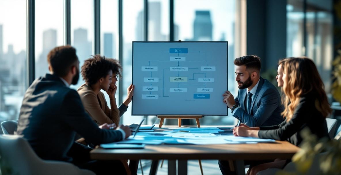 Diverse group of business professionals reviewing a flowchart on SEO strategies at a conference table.