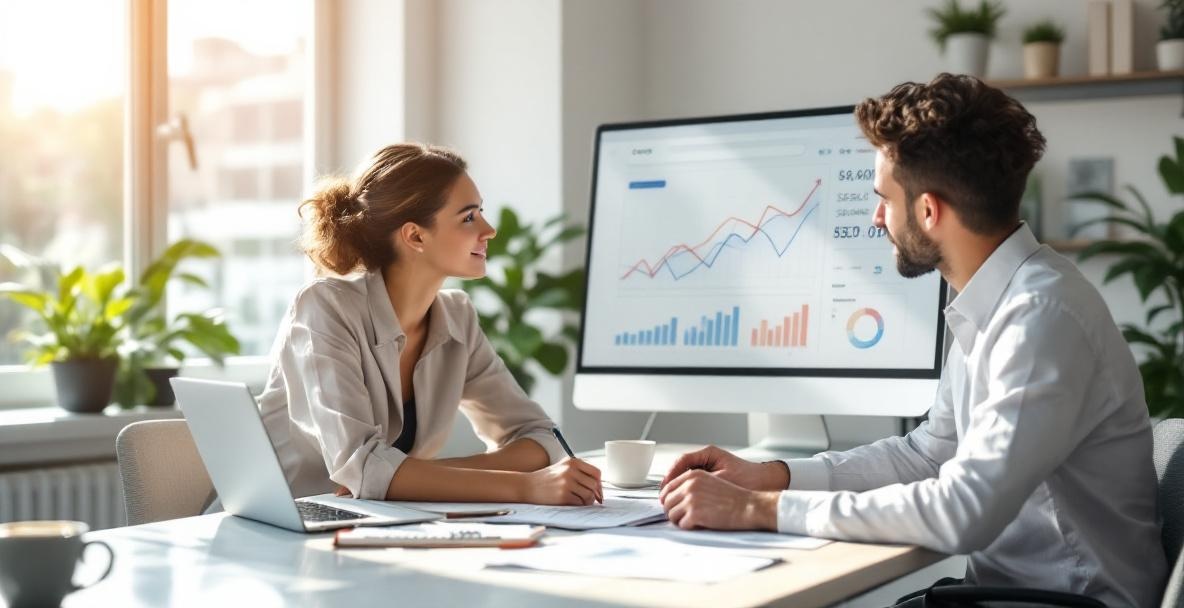 Two professionals strategize over SEO growth graphs in a modern office with natural lighting.
