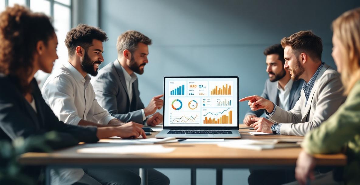 Diverse group in a meeting with a laptop showing an SEO dashboard.