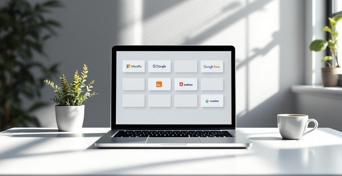 Modern office desk with a laptop displaying SEO tool logos, coffee cup, and plant in bright workspace.