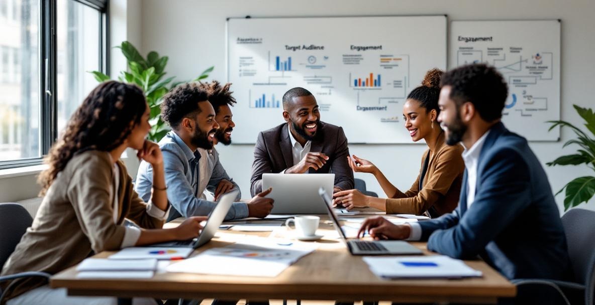 Diverse professionals in a modern office discuss analytics and audience demographics around a table.