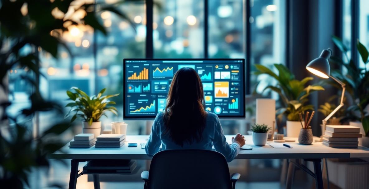 Modern office workspace with a professional interacting with a computer displaying graphs and charts.
