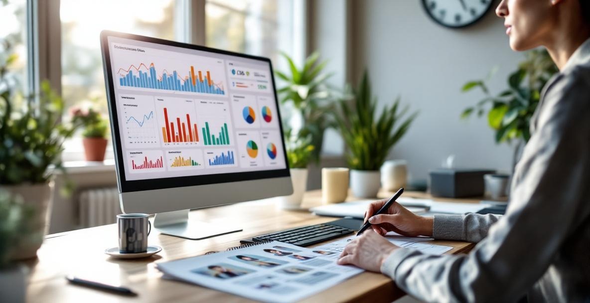 Business professional analyzes customer data in a modern office with graphs and personas on display.
