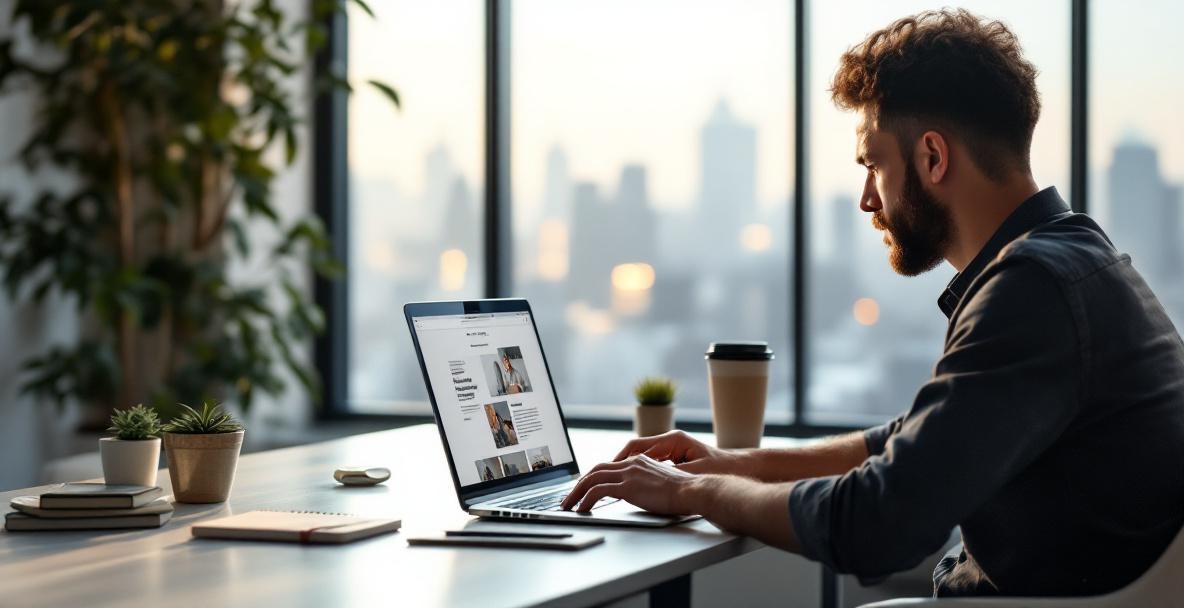 Content creator focused on laptop in a modern office with city view and natural lighting.