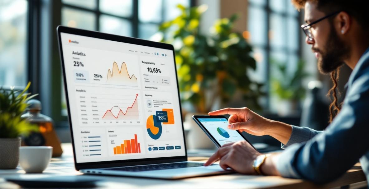 Professionals collaborate in a modern workspace with digital analytics on screens.
