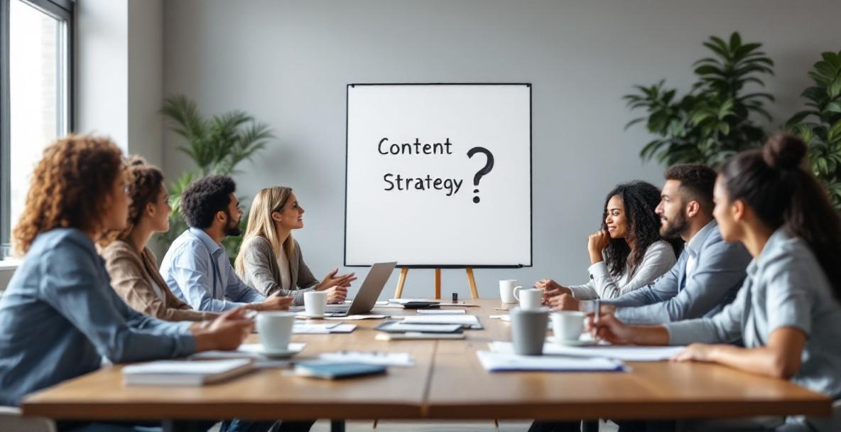 Diverse professionals brainstorm around a table with a whiteboard displaying 'Content Strategy'.