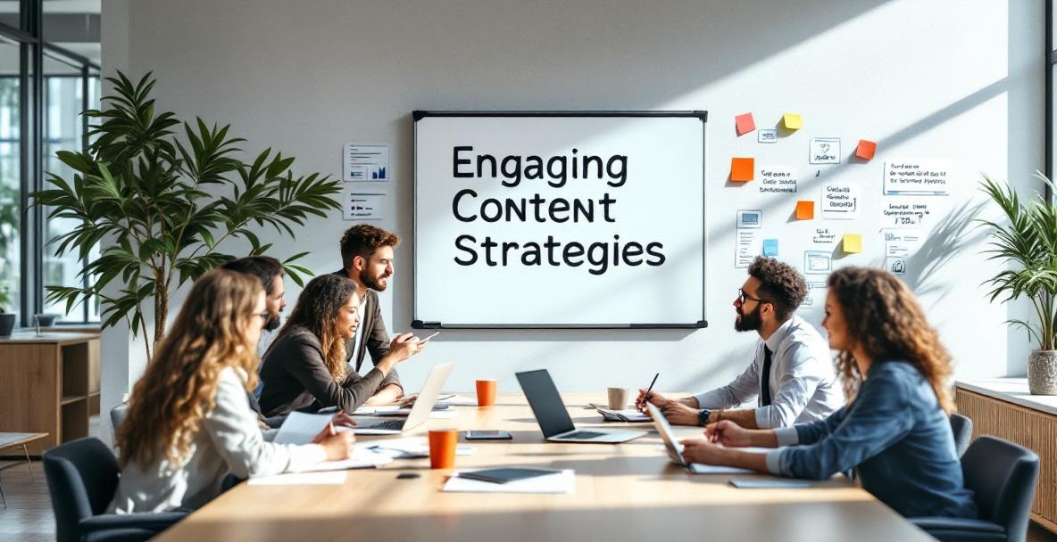Diverse team brainstorms around a table with a whiteboard displaying 'Engaging Content Strategies'.