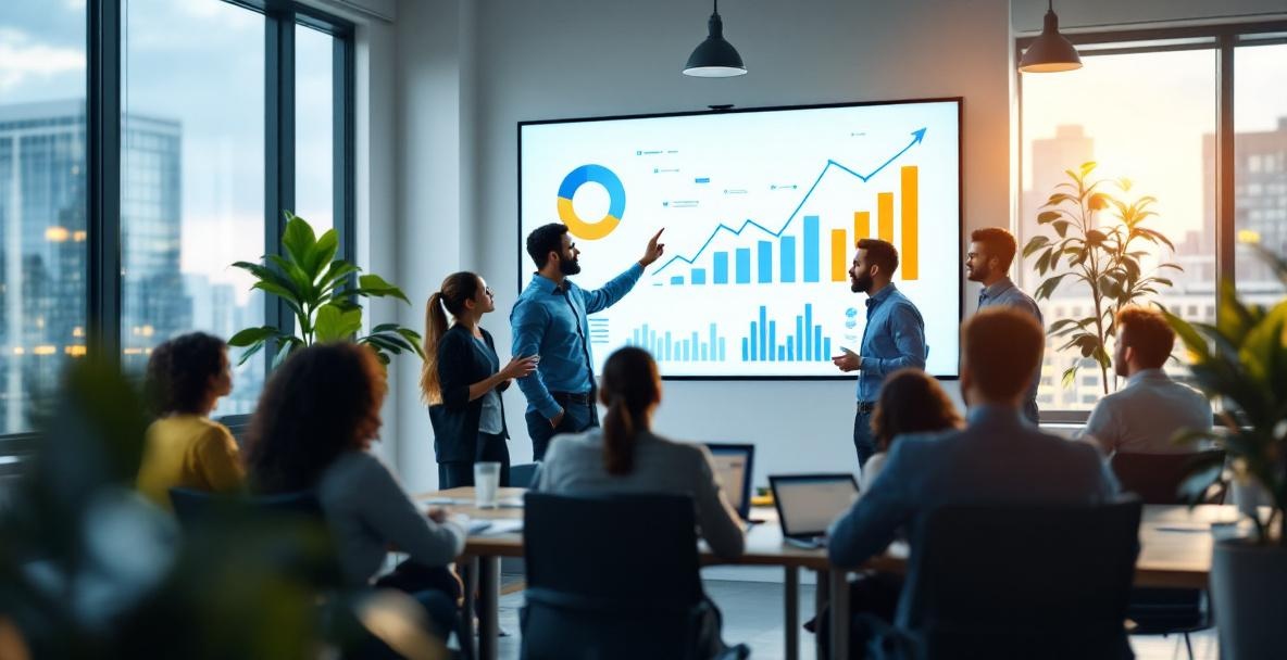 Diverse team analyzes charts on digital screen in a bright, modern office.