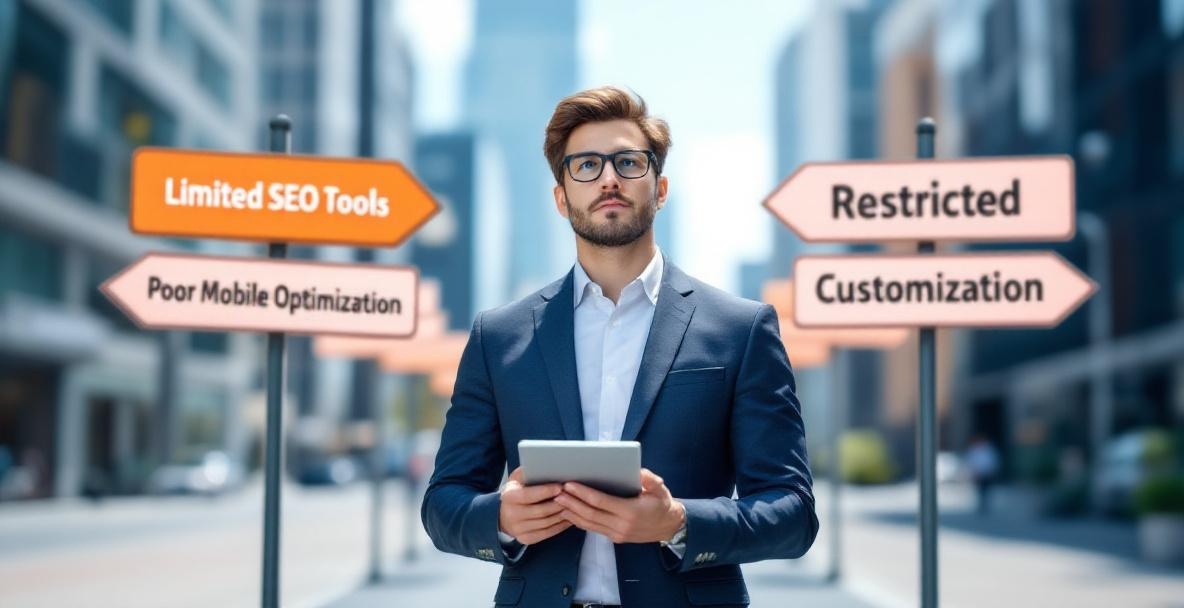 Business professional at crossroads with signs of website builder pitfalls.