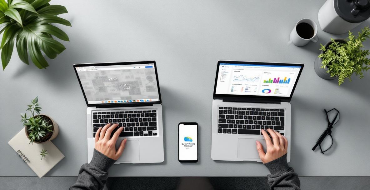Top-down view of modern desk with contrasting laptops showing 2023 and 2025 keyword tools, highlighting innovation.