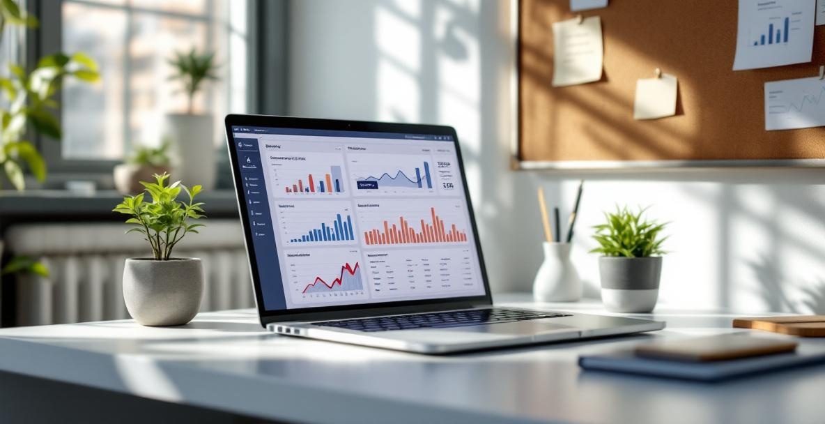 Modern workspace with laptop showing digital analytics dashboard and keyword trends.