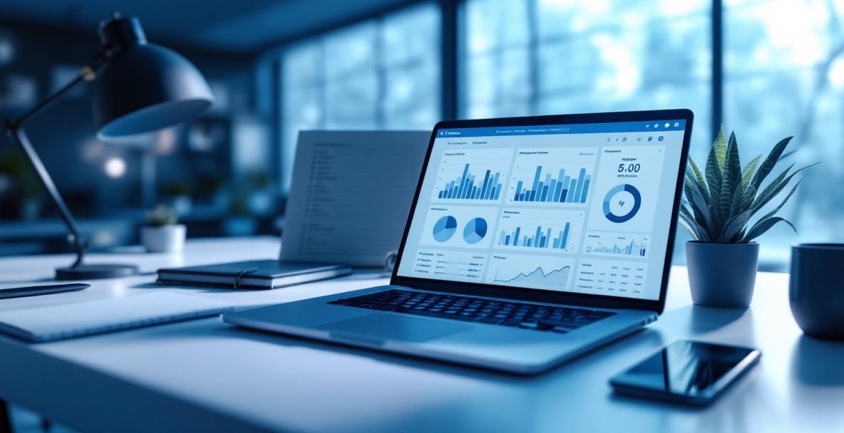 Modern desk setup with laptop displaying backlink analysis dashboard, surrounded by office items.