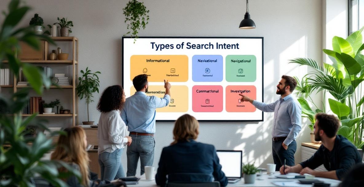 Professionals collaborate over screen displaying 'Types of Search Intent' diagram in modern office.