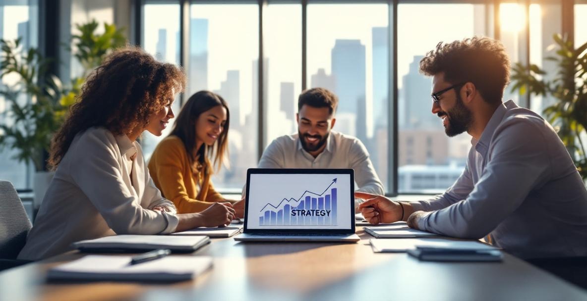 Diverse professionals at a business meeting examining a laptop with a graph.