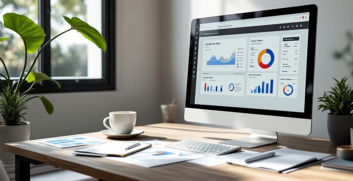 Workspace with a computer displaying a search intent dashboard beside a notepad, coffee cup, and plant.