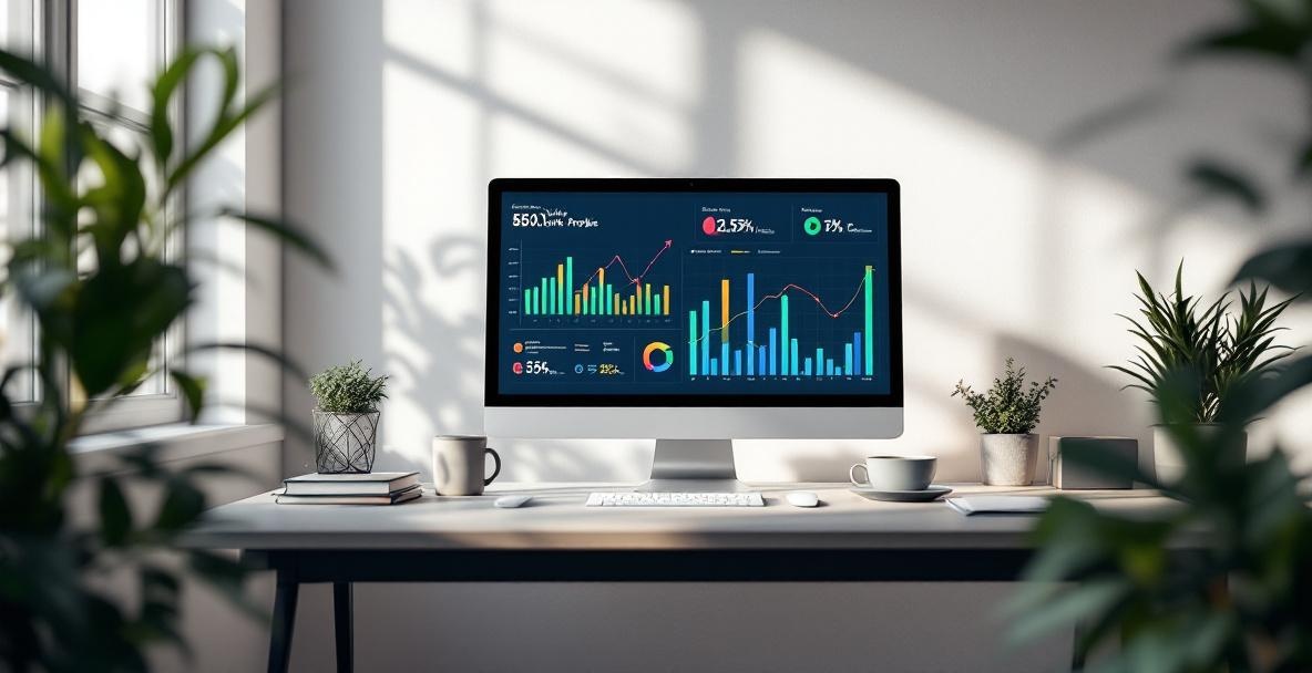 Office workspace with monitor showing backlink profile analysis graph, bar graphs, and pie charts.