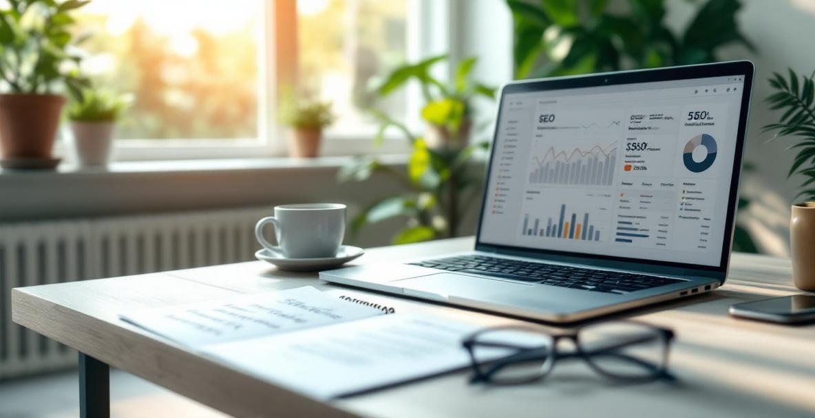 Modern office desk with laptop showing SEO dashboard, notepad, smartphone, glasses, and coffee in soft lighting.