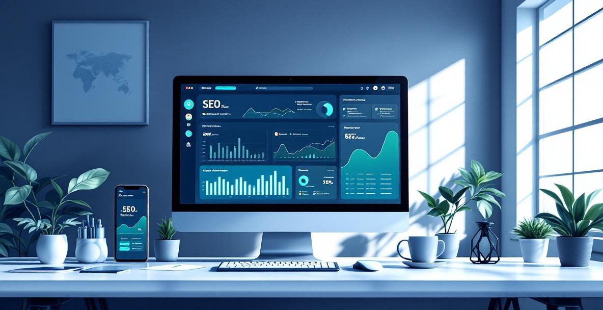 Digital illustration of a modern office with SEO dashboard, highlighting cross-device compatibility and SEO tools.