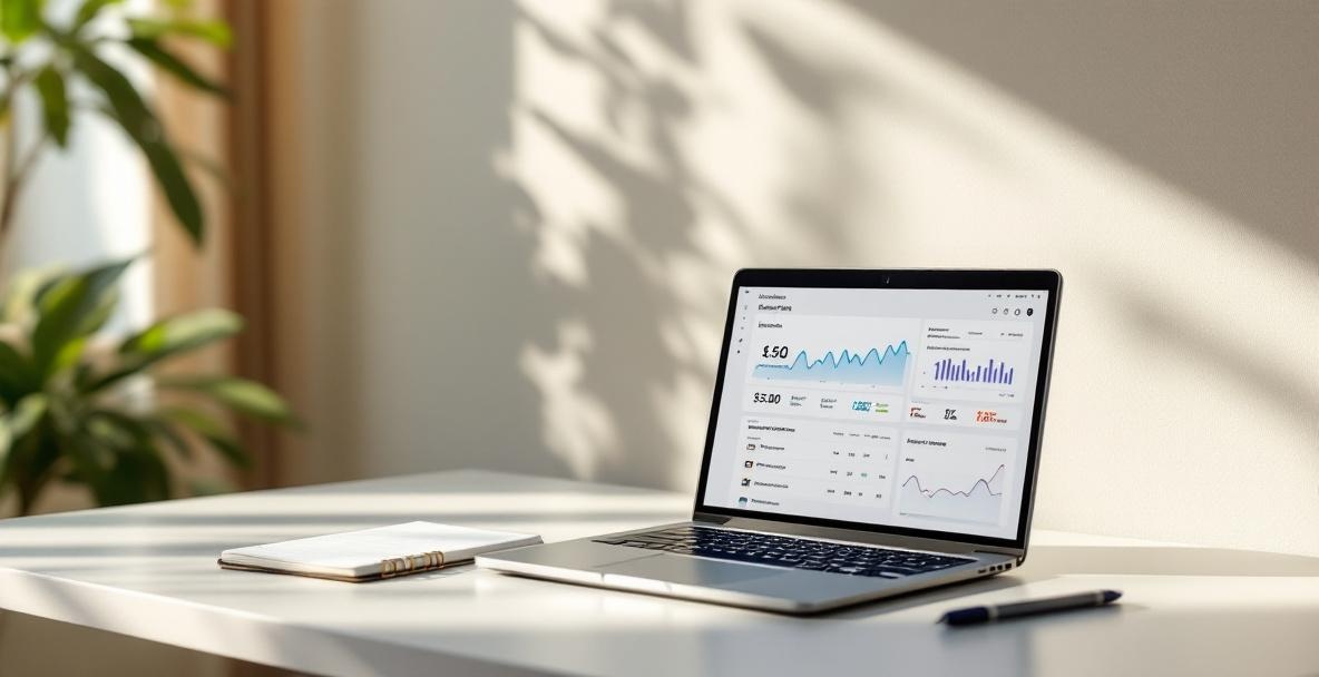 Modern office workspace with laptop showing analytics dashboard and notes on desk.