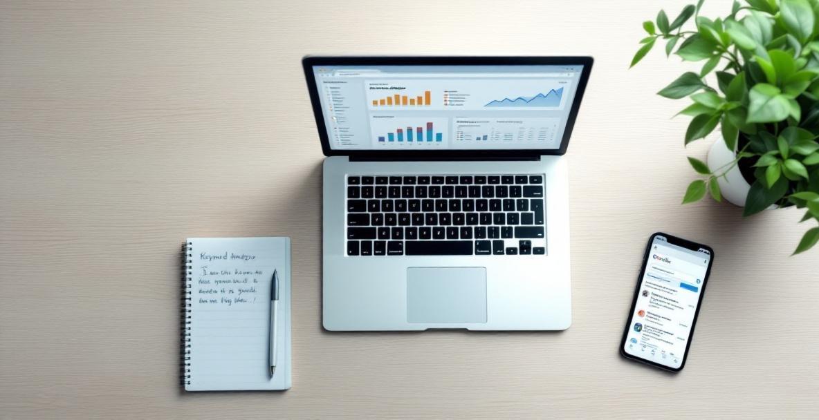 Top view of an office desk with a laptop showing analytics, a notepad, and a smartphone.