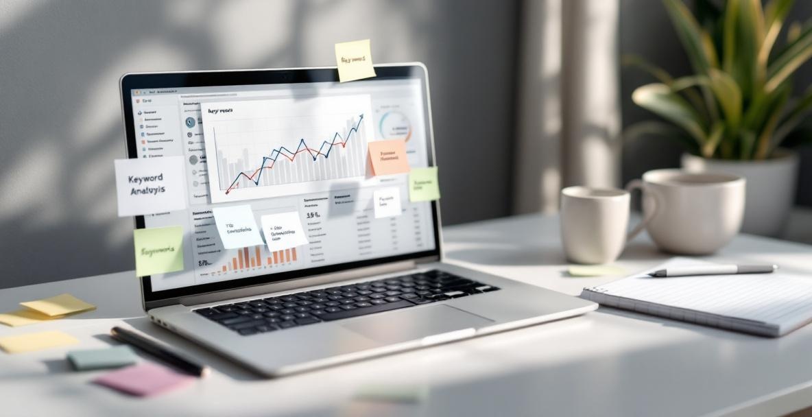 Laptop showing keyword analysis with notes and graphs in a modern office.