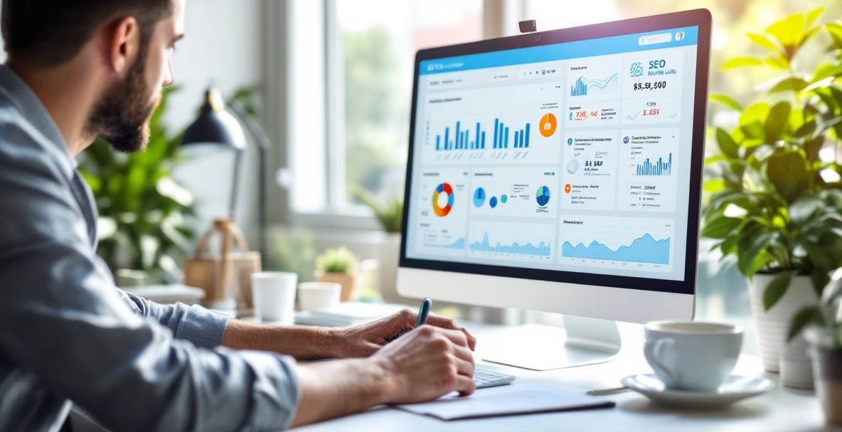 Person analyzing SEO analytics on a large screen at a modern office desk.