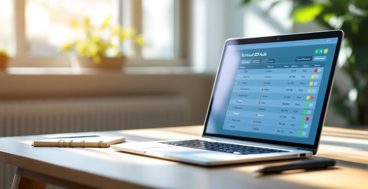 Minimalistic workspace with a laptop showing a technical SEO audit dashboard and priority indicators.