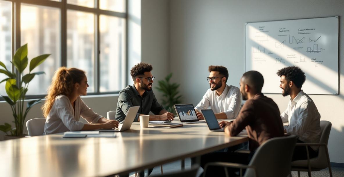 Diverse professionals discussing analytics at a modern office with warm lighting.