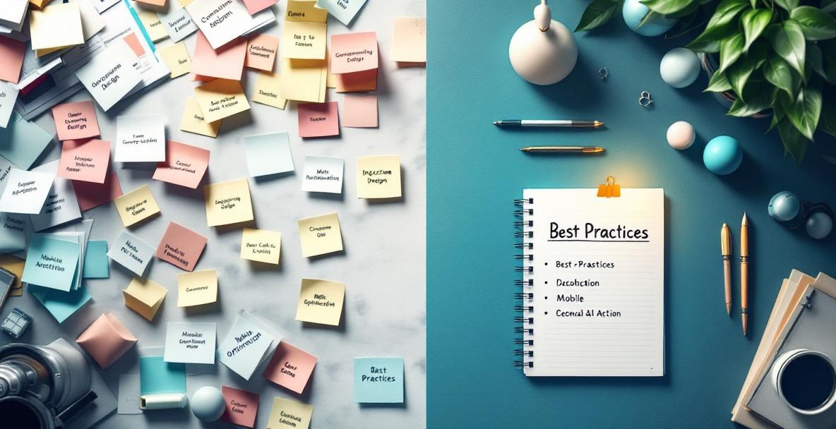 Cluttered desk illustrating common conversion rate optimization mistakes next to an organized space with best practices.
