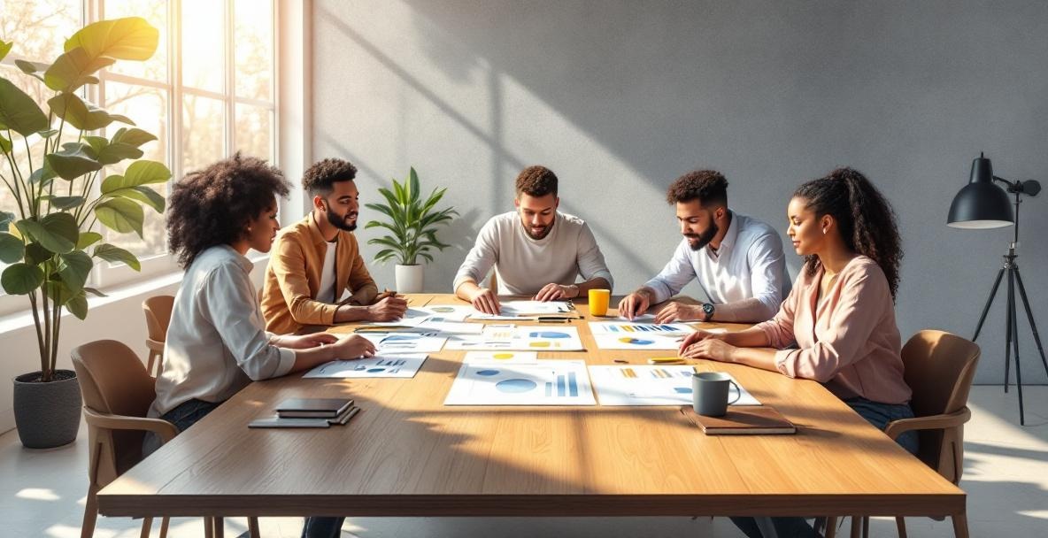 Diverse team collaborates around a table with charts and graphs in a sunlit office.