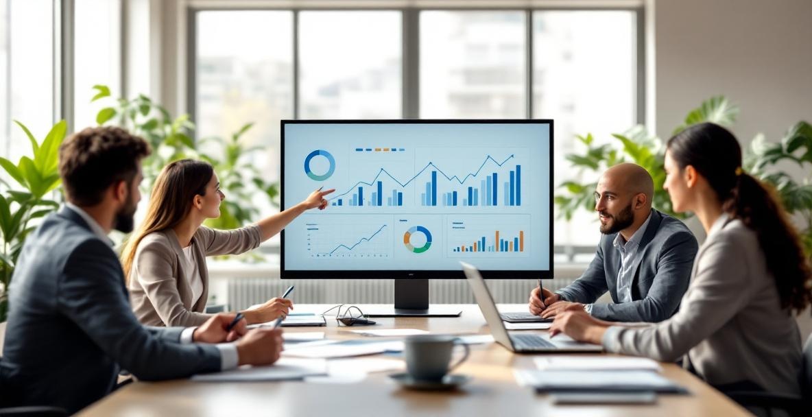 A diverse team of professionals in a modern office discussing charts on a screen during a meeting.