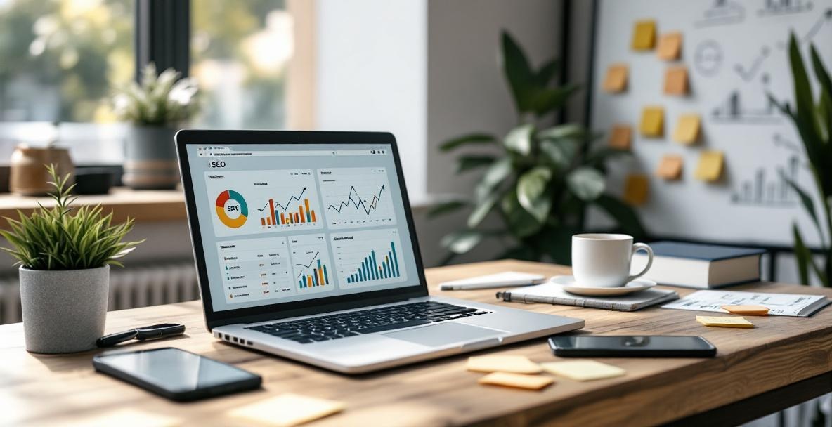 Modern workspace with a laptop showing SEO analytics, surrounded by SEO tools and notes.