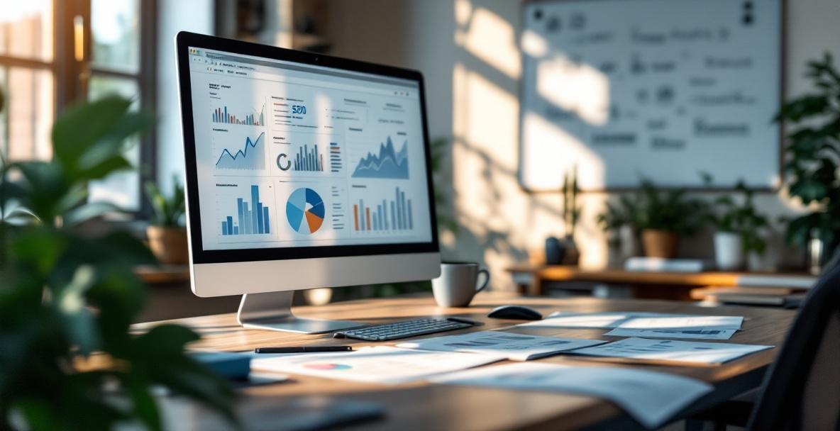 Office desk with SEO tools, data analytics on screen, charts, and a whiteboard with strategies.