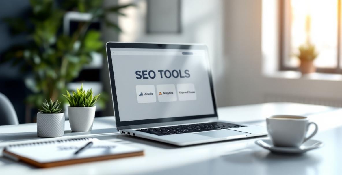 Laptop on modern desk showing website builder interface with SEO tools, notepad, plant, and coffee cup.