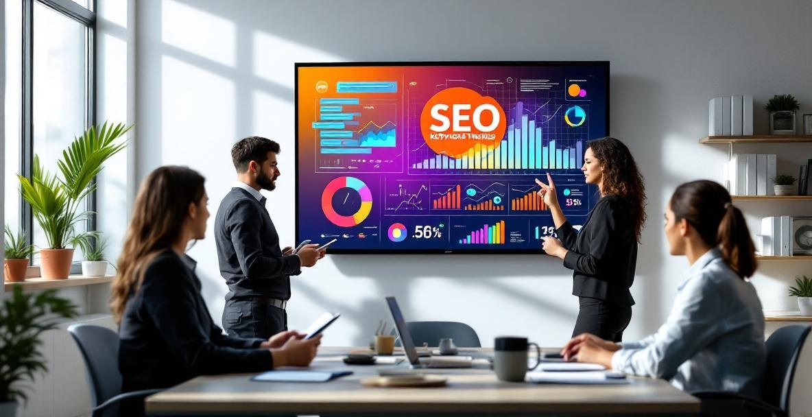 Modern office with professionals viewing a digital screen on SEO trends.