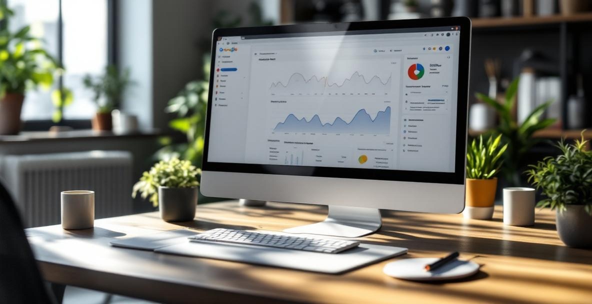 Workspace with Google Search Console on laptop screen, showing graphs and data analytics.