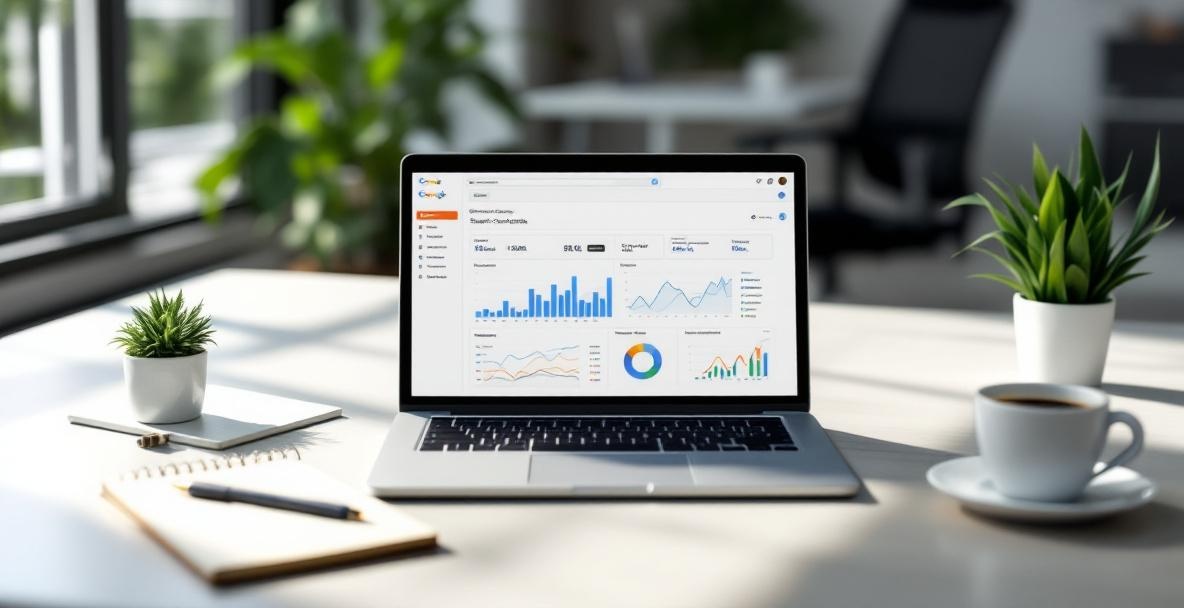 Workspace with laptop showing Google Search Console, graphs, notepad, coffee cup, and plant.
