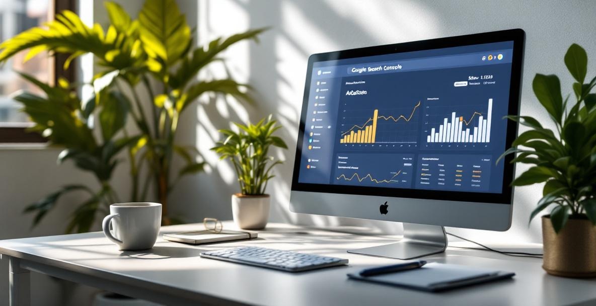 Minimalist office with a focus on Google Search Console analytics on screen.