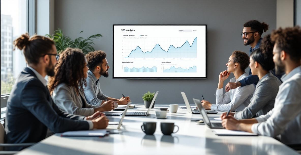 Diverse professionals collaborate at a conference table with a digital screen displaying SEO analytics.